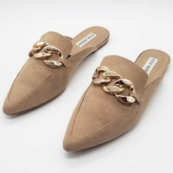 Steve Madden Finely Tan Beige Pointed Toe Gold Chunky Chain Slip On Mules  9.5 - Picture 3 of 15